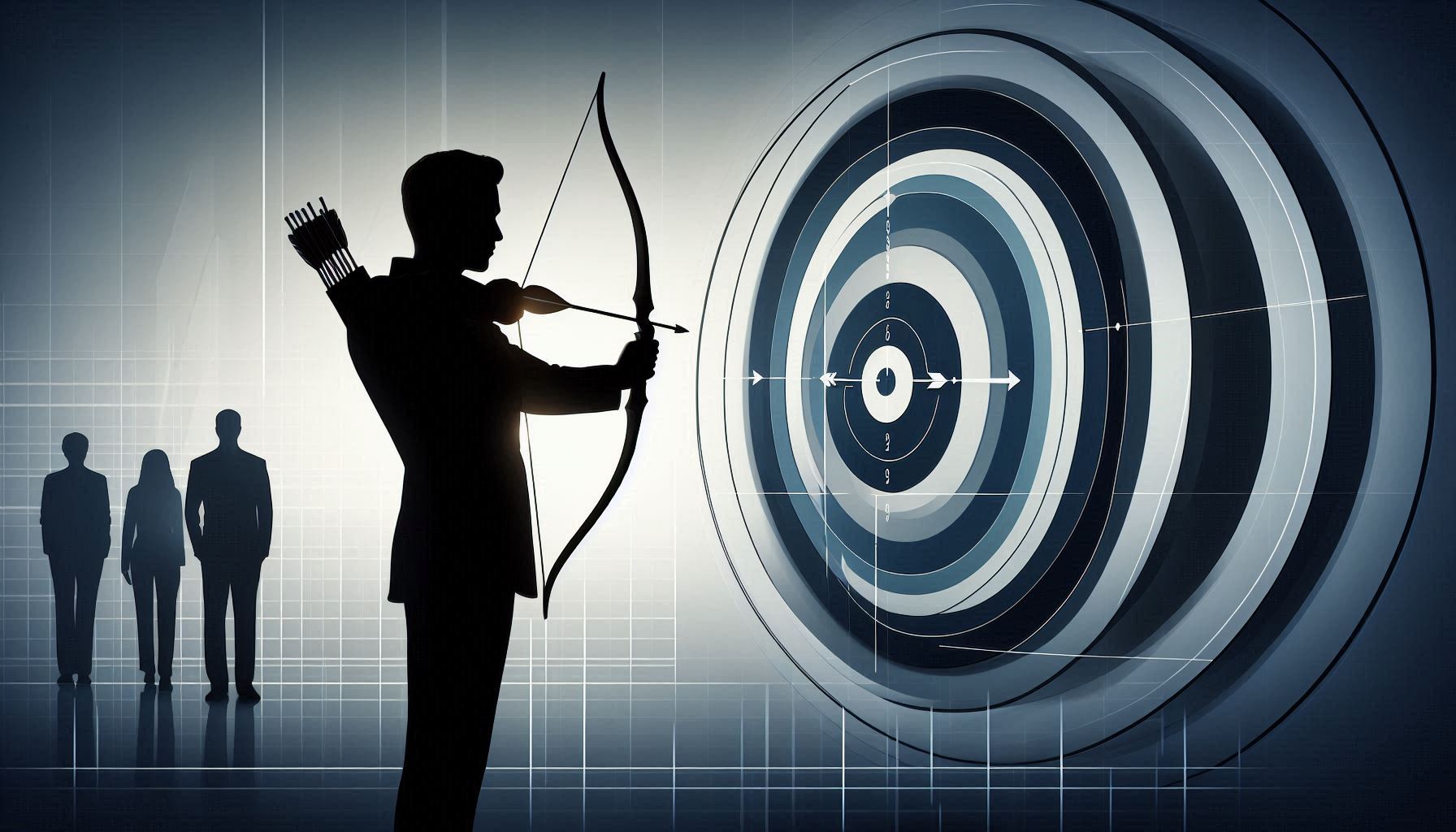 A focused archer possibly gender neutral or silhouetted standing with a bow drawn aiming at three